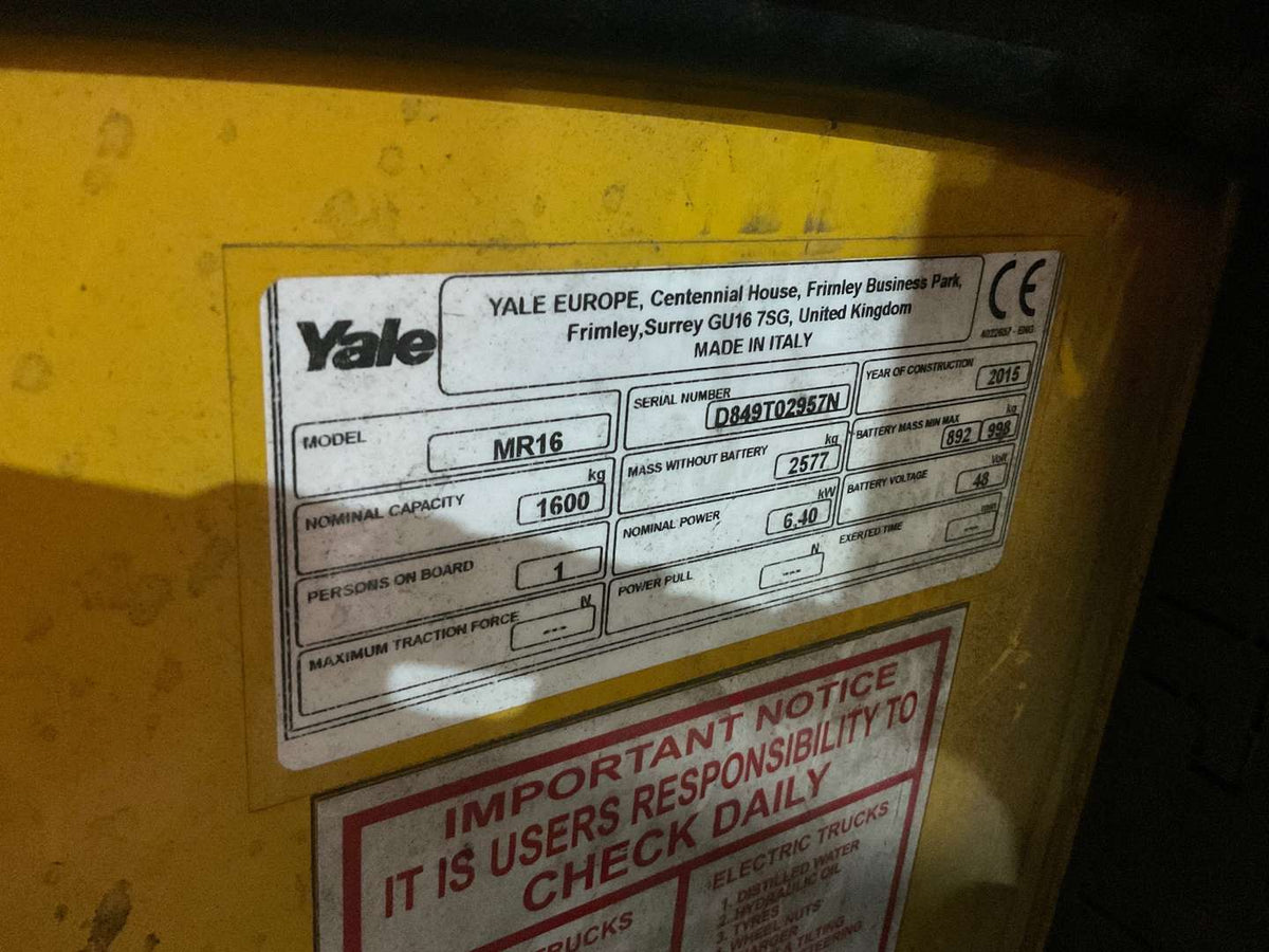2015 Yale MR16 Electric Reach Truck – 1.6T – 6.5m Lift – Spare Battery Included - TRADE OUTLET SCOTLAND LTD